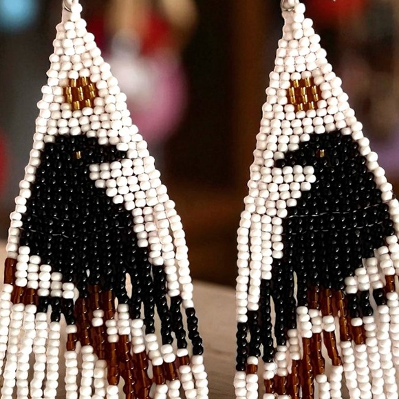 Handcrafted Raven Beaded Earrings Fringe Boho Witchy - Picture 16 of 16